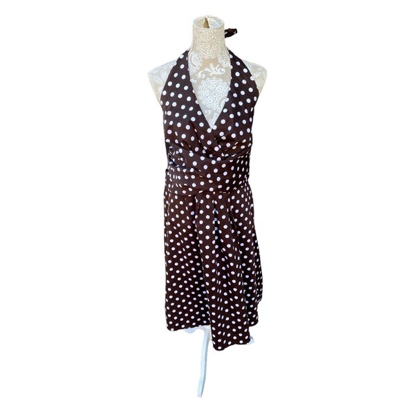 Vtg KSL Stretchy Dress Size 20 Brown White Polka Dot Pin Up Retro Halter Midi - Picture 2 of 12
